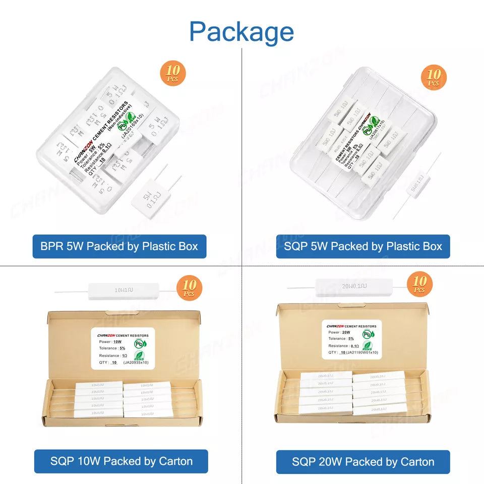 10Pcs/Pack 5W 10W 20W Ceramic Wirewound Resistor 0.1 0.15 0.5 2 15 20 25 30 33 100 330 1K 20K Ohm 5 10 20 Watt Cement Resistance