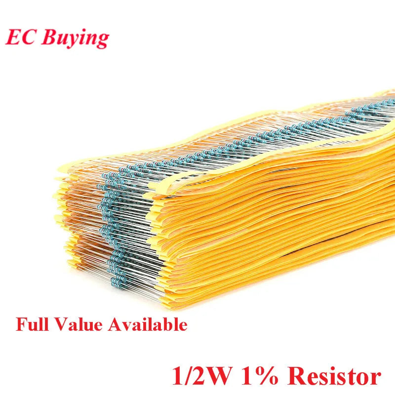 50pcs 1/2W 1% Metal Film Resistor 1R-1M 100K 100&Omega; 100R 1K 4.7K 470K 470&Omega; 200 120 150 620 220 560 330 510 2R R ohm &Omega; Resistance