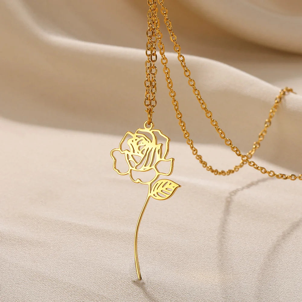 Gold Color Stainless Steel Flower Pendant Necklace