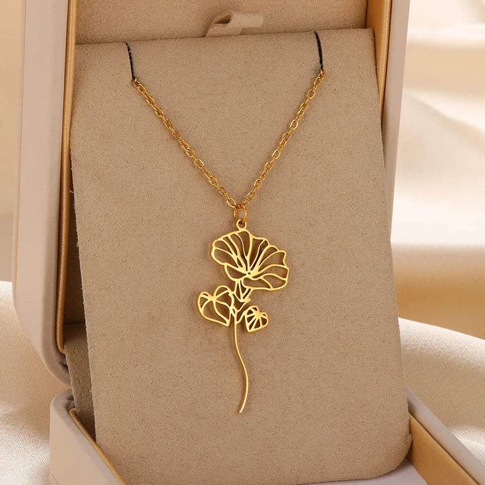 Gold Color Stainless Steel Flower Pendant Necklace