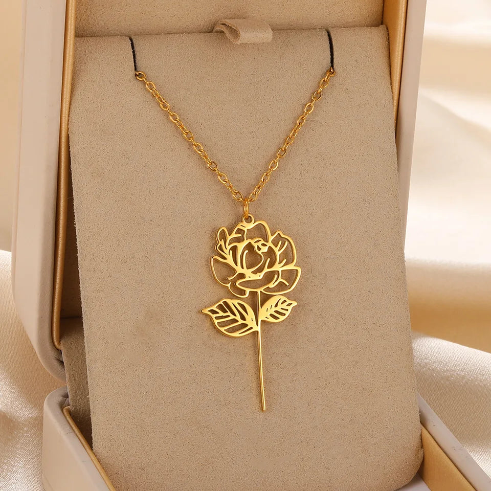 Gold Color Stainless Steel Flower Pendant Necklace