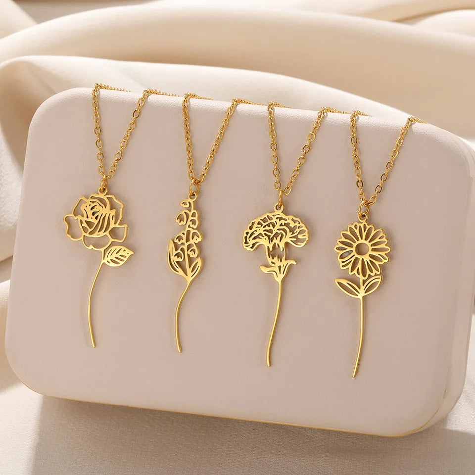 Gold Color Stainless Steel Flower Pendant Necklace