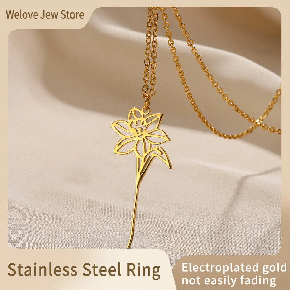 Gold Color Stainless Steel Flower Pendant Necklace