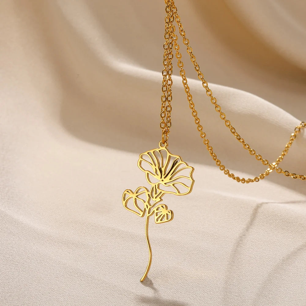 Gold Color Stainless Steel Flower Pendant Necklace