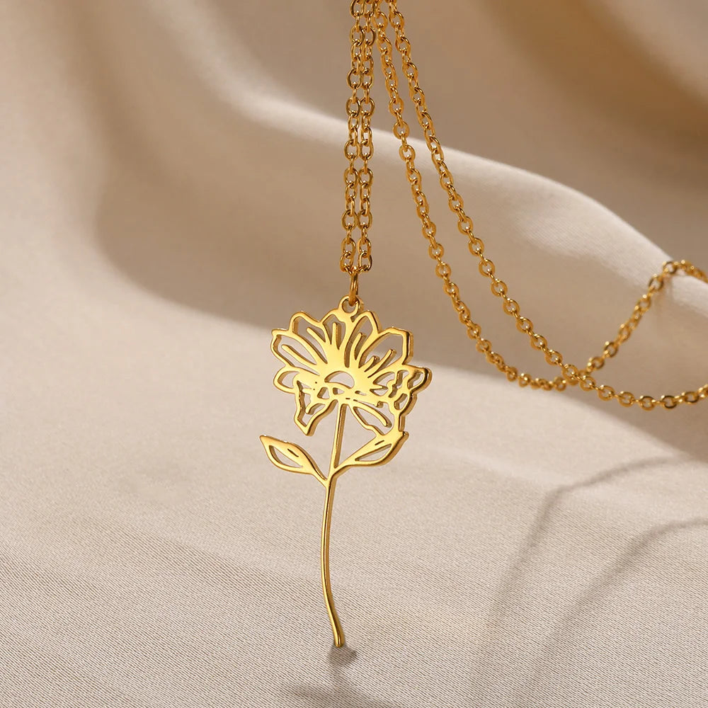 Gold Color Stainless Steel Flower Pendant Necklace