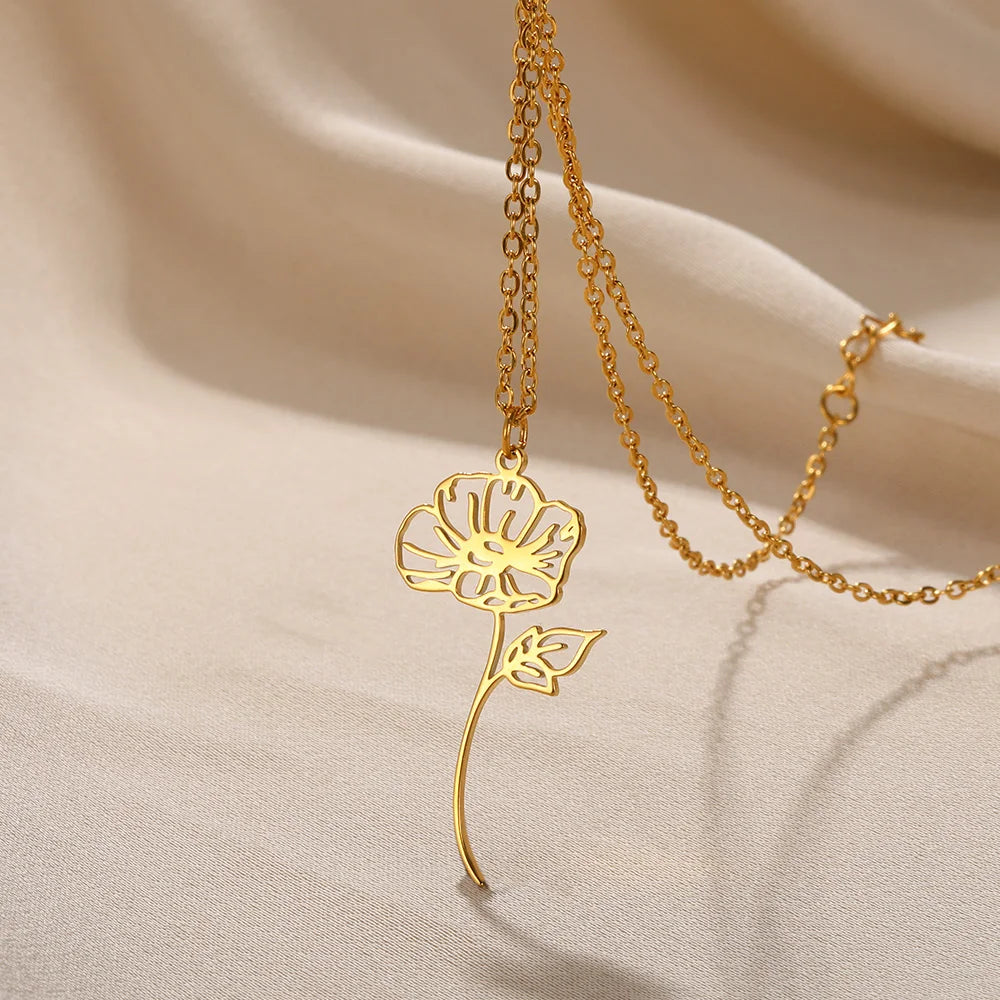 Gold Color Stainless Steel Flower Pendant Necklace