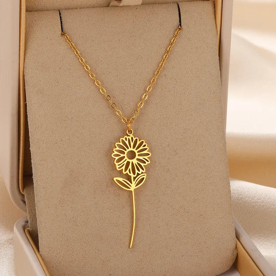 Gold Color Stainless Steel Flower Pendant Necklace