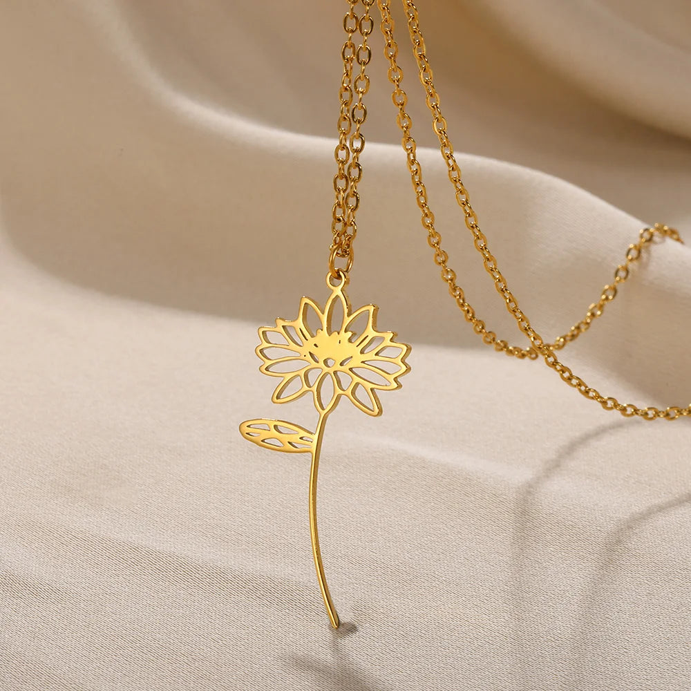 Gold Color Stainless Steel Flower Pendant Necklace