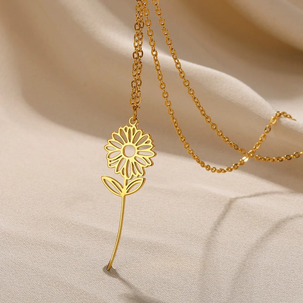 Gold Color Stainless Steel Flower Pendant Necklace