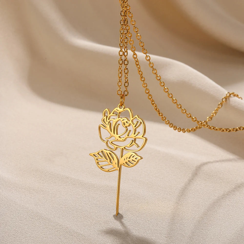 Gold Color Stainless Steel Flower Pendant Necklace