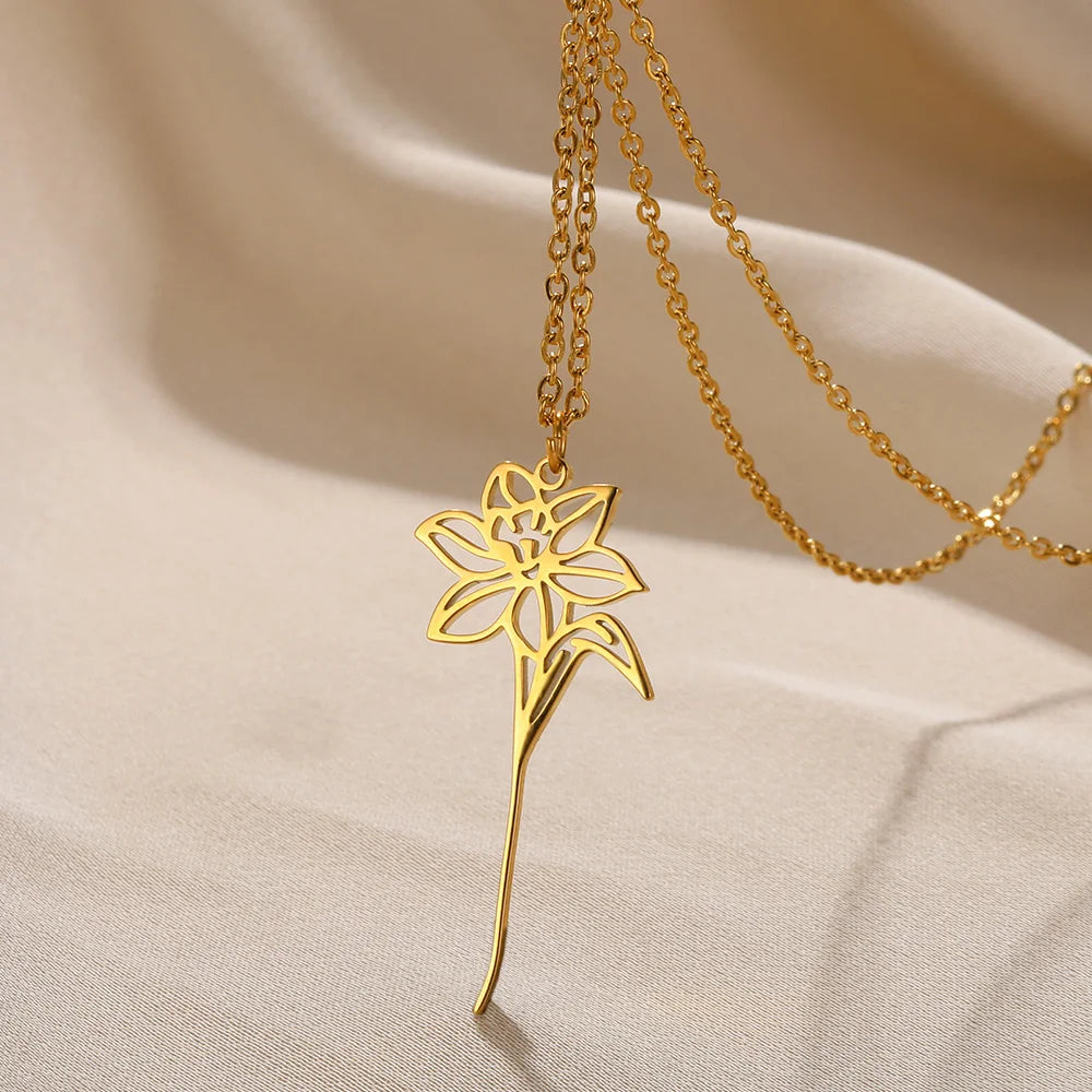 Gold Color Stainless Steel Flower Pendant Necklace